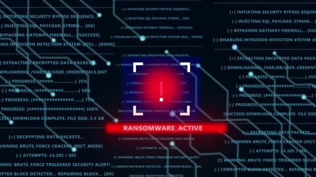 Cybersecurity ransomware attack alert warning system displaying critical system breach notification with digital data streams and encrypted network security protocol failure on dark blue