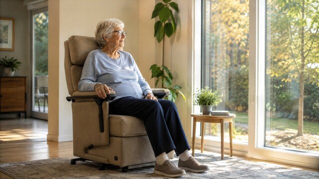 Elderly Woman Sitting in Lift Chair Recliner Looking Out Window at Autumn Landscape