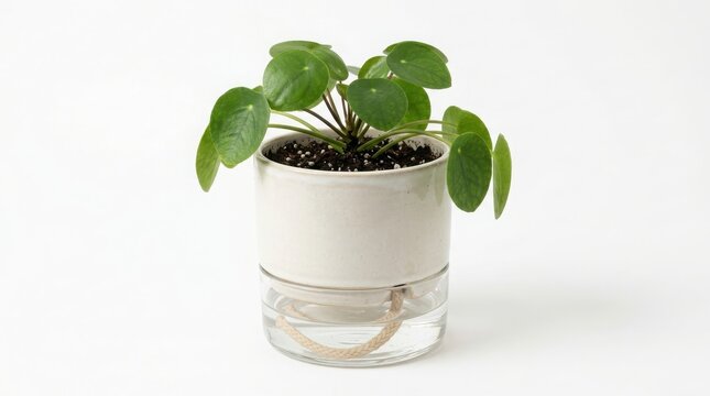 Small pilea peperomioides houseplant in minimalist self-watering pot with peperomioides houseplant watering hydroponic minimalist decoration botanical container interior gardening