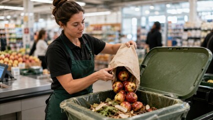 Fototapeta premium Supermarket Worker Emptying Old Apples into Green Compost Bin in Grocery Store