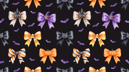 Fototapeta premium Watercolor Halloween Bow Seamless Pattern with Witch Hats and Pumpkins
