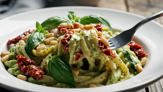 Close-up of a plate with pasta, pesto sauce, sun-dried tomatoes, pine nuts, and basil leaves, a fork inserted