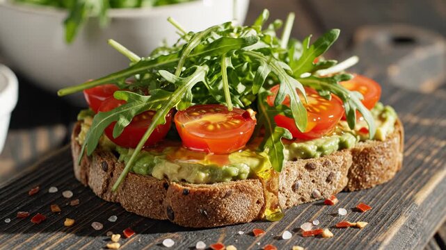 A close-up of a rustic, healthy open-faced sandwich with fresh ingredients
