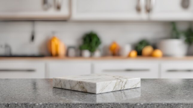 Square white marble stone sample resting on grey granite kitchen countertop, interior design material selection for home renovation and luxury decoration projects