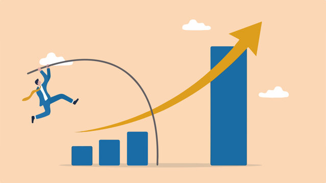 Business growth, improvement or high percentage increase earning and profit, financial achievement after economic recovery concept, businessman jumping pole vault over growth bar graph.svg