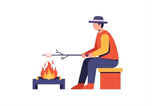 Man in Hat Roasting Marshmallow Over Campfire &ndash; Flat Vector Illustration
