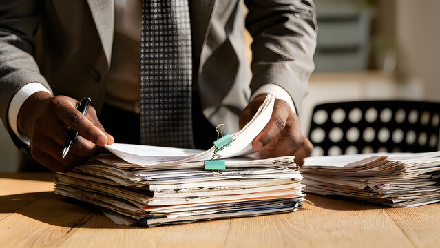 Businessman holding pen organizing stack of paperwork documents on wooden desk in modern bright office.