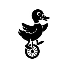 Funny duck riding unicycle black silhouette icon for circus show poster. © MST MOZIDA