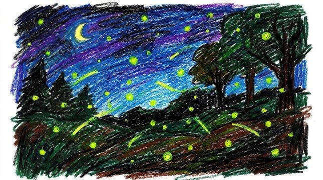 Colorful hand drawn crayon starry night sky illustration with fireflies over purple hills, cute children's book style nature artwork