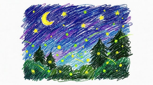Colorful hand drawn crayon starry night sky illustration with fireflies over purple hills, cute children's book style nature artwork