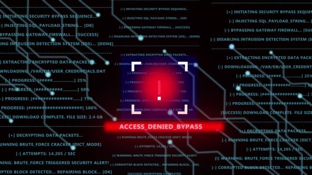 Cybersecurity breach alert interface featuring access denied bypass warning with digital data stream encryption code and network intrusion detection system visualization for advanced tech