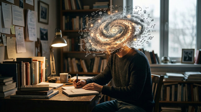 Man with galaxy brain at desk, studying, complex thoughts, knowledge, science