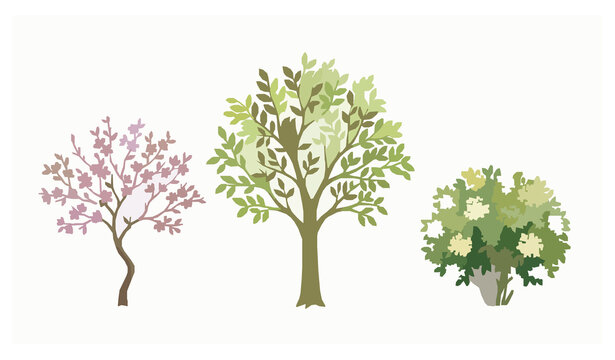 Spring flowering trees and blooming shrubs watercolor landscape vector set
