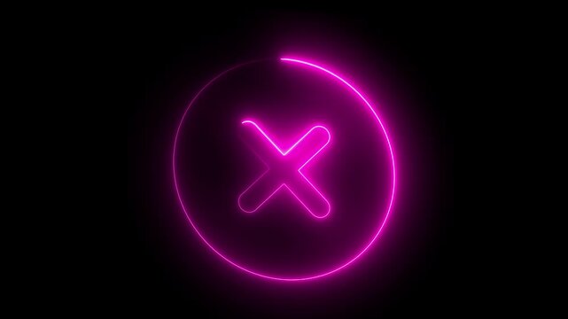 Neon pink glowing x mark inside circle animation on black background, cross