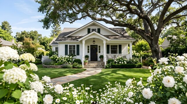 Charming White Cottage Home with Lush Garden, White Hydrangeas, and Large Oak Tree