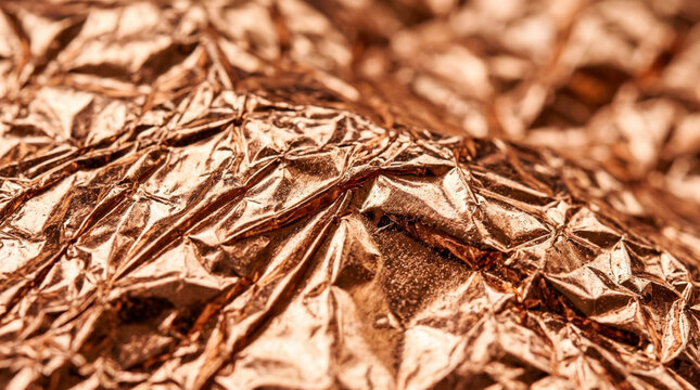 Close-up of wrinkled metallic copper foil texture with shiny reflections