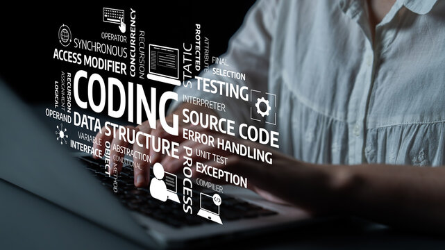 A close-up image of hands typing on a laptop keyboard surrounded by various coding keywords, emphasizing software development, technology, and programming skills. Tessel
