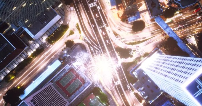 3d render firework A dynamic, high-resolution 3D render of a bustling city skyline illuminated by vibrant lights and a spectacular fireworks display