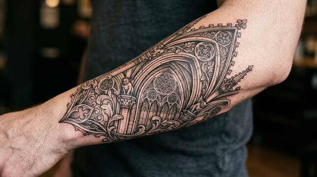 Gothic Arch Tattoo on Arm, Intricate Detail, Black Ink Design