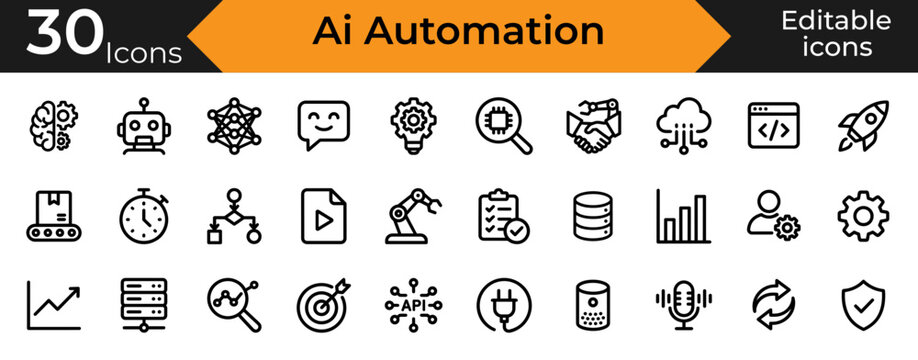 Ai automation vector icons set featuring modern robotic processing and machine learning.