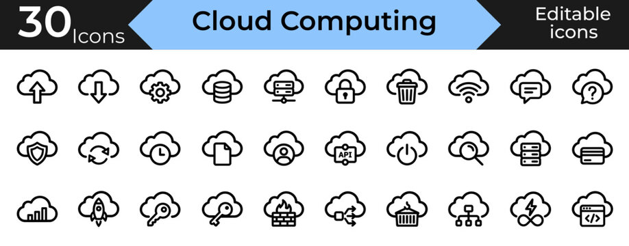 Cloud computing linear icons collection representing infrastructure services and storage.