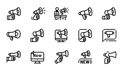 Fototapeta premium Outline megaphone vector icon set for communication, announcement, and marketing purposes.