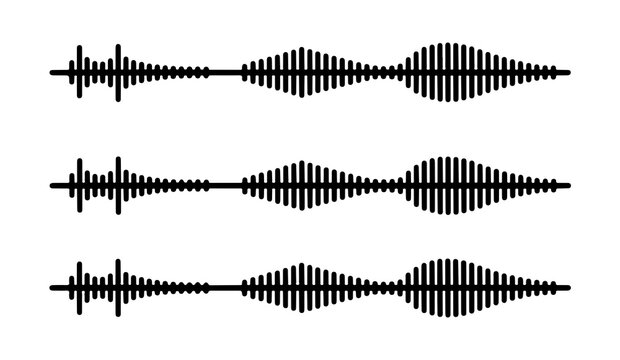 Audio wave forms displaying sound amplitude and frequency variations for voice recording and music production analysis.