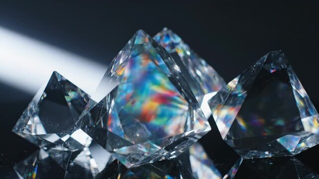 Brilliant prisms reflecting rainbow light, set on a mirrored surface, with dramatic lighting