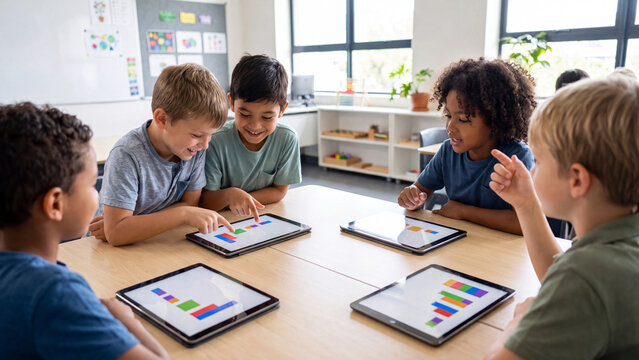 Students sitting at a wooden table in a classroom work collaboratively on digital tablets to analyze colorful data charts during a group lesson.