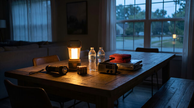 Emergency supplies illuminated during a home power outage, representing disaster readiness, household resilience, safety planning, and crisis preparedness.