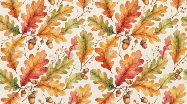 Ukraine pattern: watercolor oak leaf and acorn seamless print with ukrainian vyshyvanka embroidery