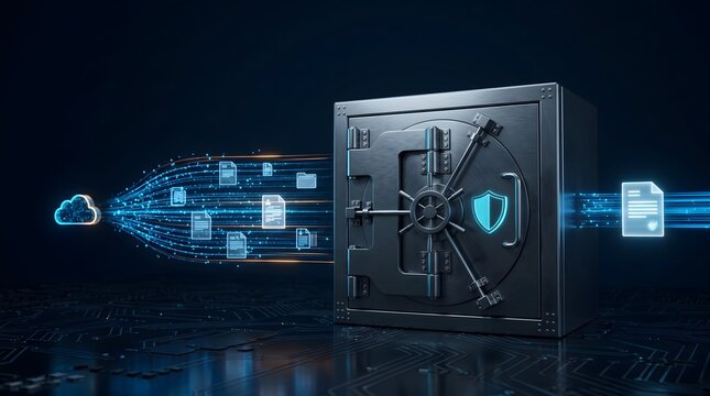 Metal vault on circuit board with glowing cloud and digital document icons. Concept of secure cloud storage and corporate database encryption.