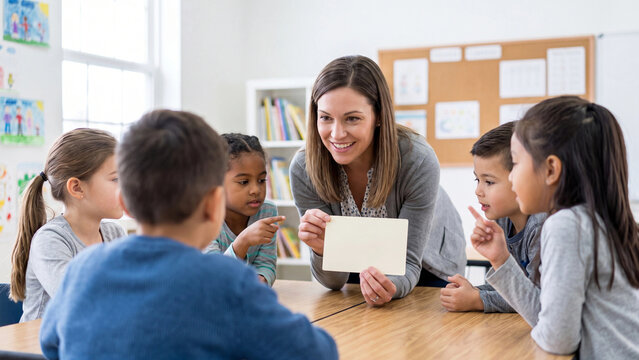 Teacher holds a blank card while sitting at a table with a small group of young students in a classroom setting to encourage interactive learning and student participation.