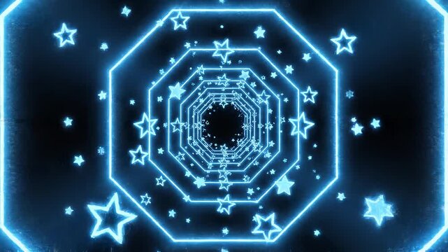 An abstract blue neon octagonal tunnel with shimmering stars creating a vibrant digital.
