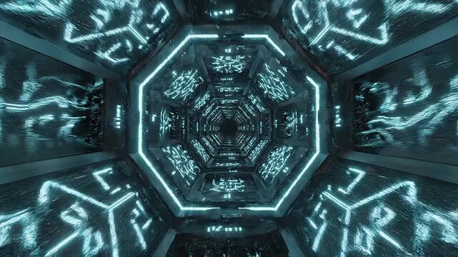 A futuristic octagonal tunnel glows with intricate blue-green neon patterns, creating a.