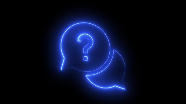 Neon blue glowing question mark speech bubble animation on black background, light