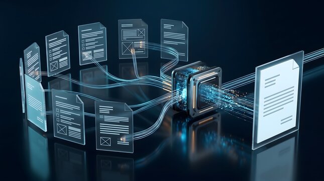 Glass document panels connecting to central glowing processor black box. Concept of electronic document management system and file aggregation.