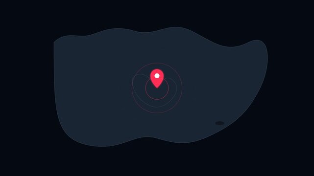 Animated red map pin location marker showing pulse motion on dark blue digital background video footage