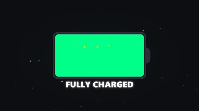 Battery charging motion animation showing power levels increasing until reaching green fully charged status video clip