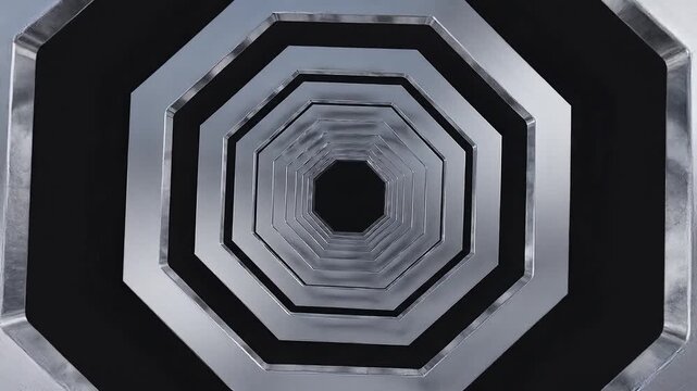 A futuristic abstract tunnel composed of concentric silver octagonal shapes receding into.