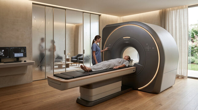 Medical professional assisting patient in advanced MRI scanner room.