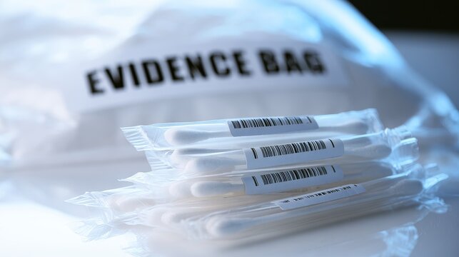 Evidence bag containing sealed swabs with barcodes, arranged on a reflective surface, showcasing forensic collection tools for crime scene investigation