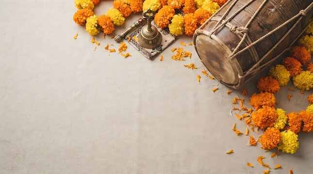 Traditional Indian dhol drum with marigold flowers and brass bell for cultural festival celebration background