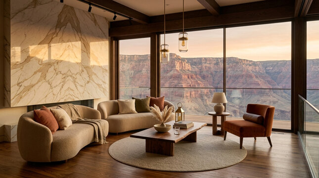 Cozy Modern Living Room with Grand Canyon View at Sunset