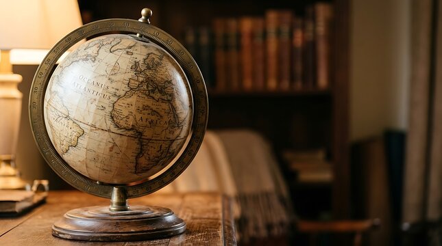 Vintage desktop globe resting on a wooden desk inside a cozy study with books and a lamp