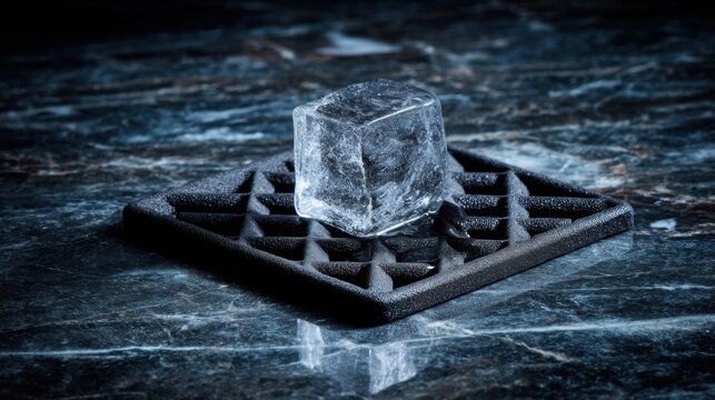 A clear ice cube rests on a black geometric etched coaster on a dark marbled surface, representing cool refreshment.