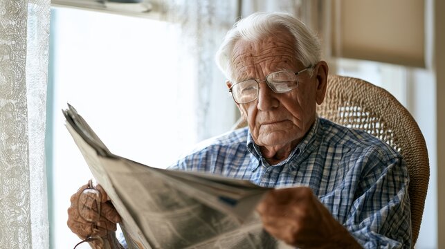 Elderly man with gray hair and glasses reading a newspaper while sitting in a wicker chair near a window with sheer curtains in a well-lit room