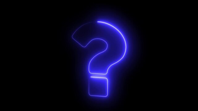 Glowing neon question mark sign pulsing on black background, for business concepts, light