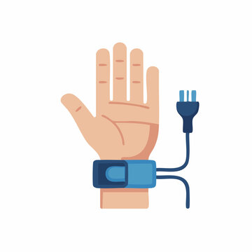 A flat vector illustration shows a human hand wearing a blue wristband connected to an.
