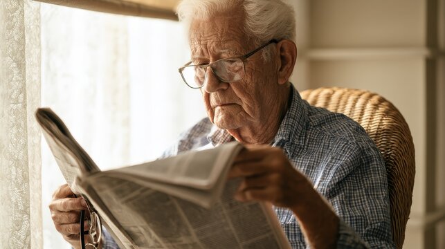 Elderly man with gray hair reading a newspaper while sitting in a wicker chair near a window with soft natural light illuminating the scene